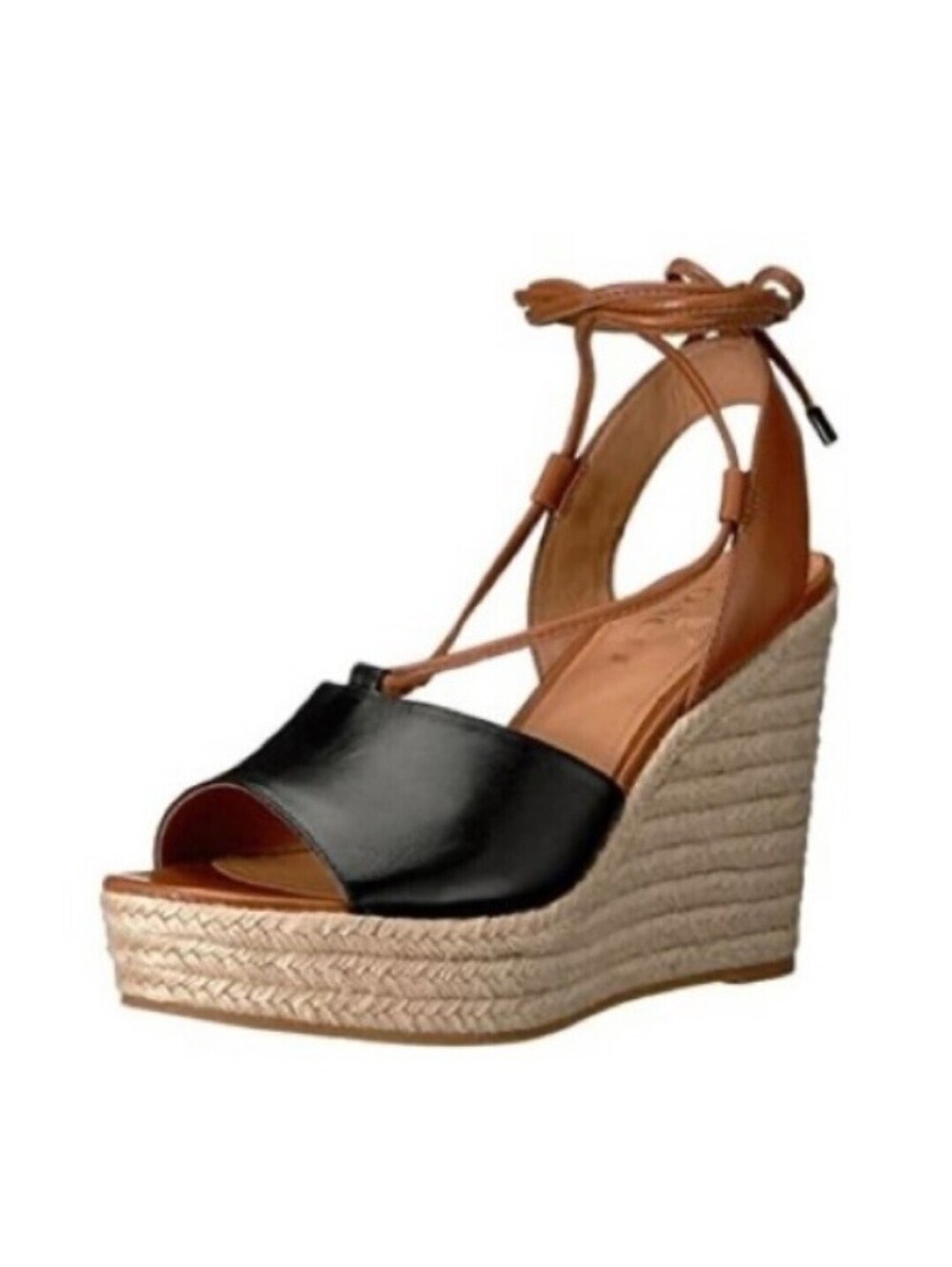 Size 8 - Coach Dana Leather Black and Cognac Open Toe Espadrille Platform Sandal